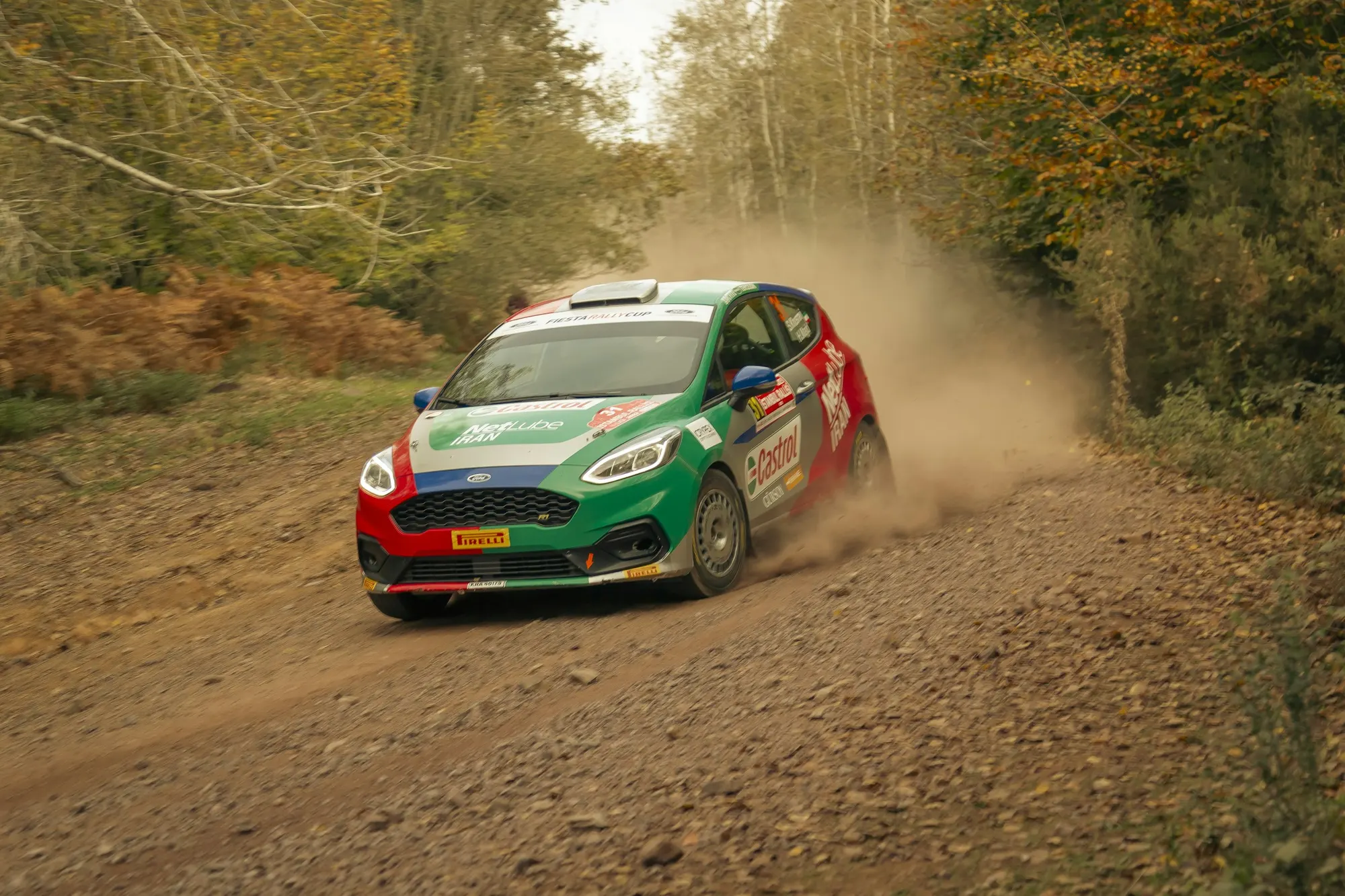 Ford Fiesta da rally in derapata su una strada sterrata, con la polvere alle spalle